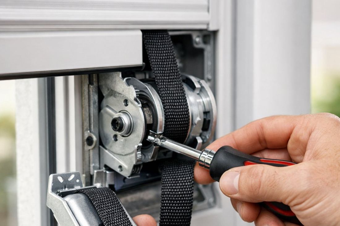 Detalle de reparación del mecanismo de cinta de persiana enrollable