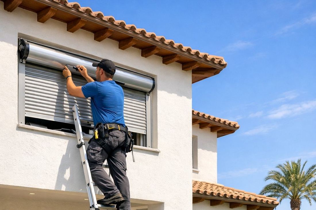 Instalación de persiana enrollable en fachada de vivienda mediterránea