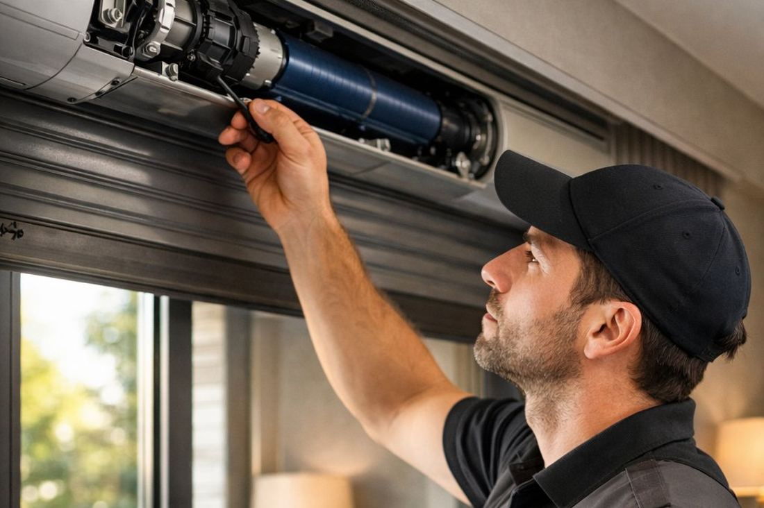 Técnico instalando motor tubular en persiana con mando a distancia