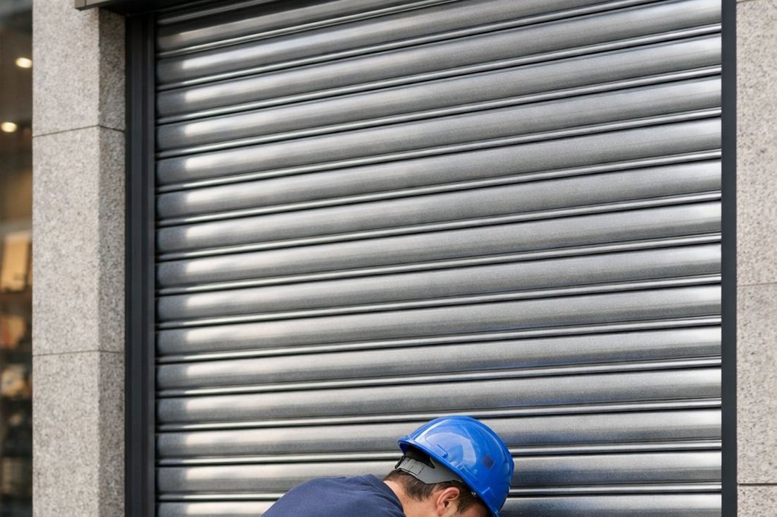 Persianista ajustando cierre metálico en local comercial